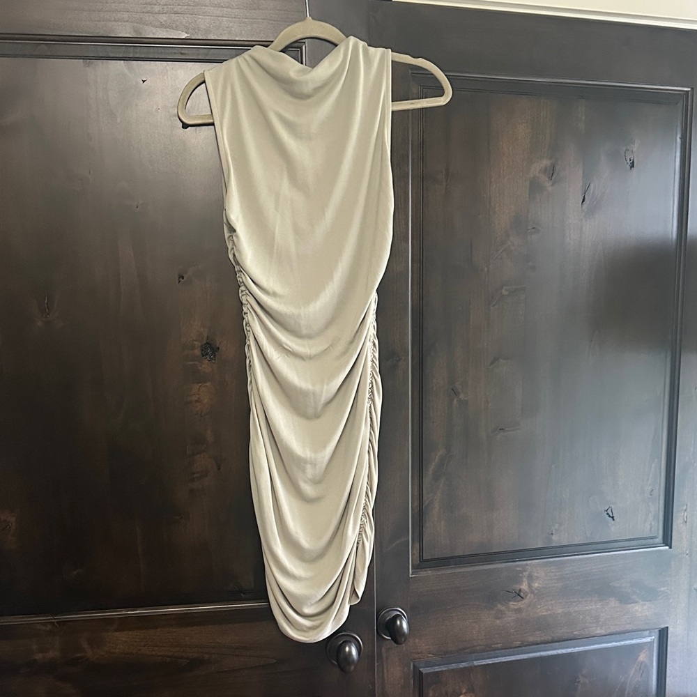 Ruched Sleeveless Draped Midi Dress - light sage